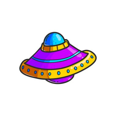 Çizgi film uçan daire çizilmiş renk şekil ver. Şirin Ufo. Uzay mekiği cliparts. Uzay gemisi doodle. Uzaylılar. Uzay aracı etiket. Kozmik yama. İzole vektör tasarım öğesi