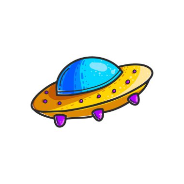 Çizgi film uçan daire çizilmiş renk şekil ver. Şirin Ufo. Uzay mekiği cliparts. Uzay gemisi doodle. Uzaylılar. Uzay aracı etiket. Kozmik yama. İzole vektör tasarım öğesi