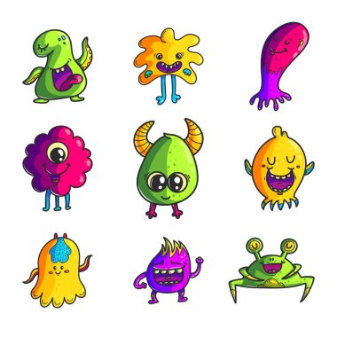 Sevimli canavarlar renk elle çizilmiş karakterleri ayarlayın. Karikatür komik uzaylılar yamalar koleksiyonu. Doodle fantastik yaratıklarla cliparts. Çocuklar oyun, kitap, oyuncak, çıkartma illüstrasyonlar. İzole tasarım öğeleri