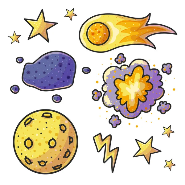 Espacio Dibujado Mano Ilustraciones Color Conjunto Doodle Fenómenos Astronómicos Luna — Vector de stock