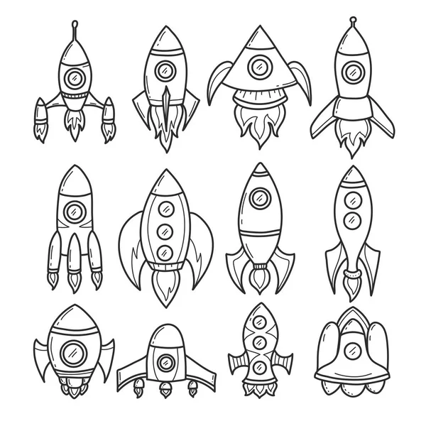 Cartoon Raketten Hand Getekende Iconen Set Leuke Space Shuttle Cliparts — Stockvector