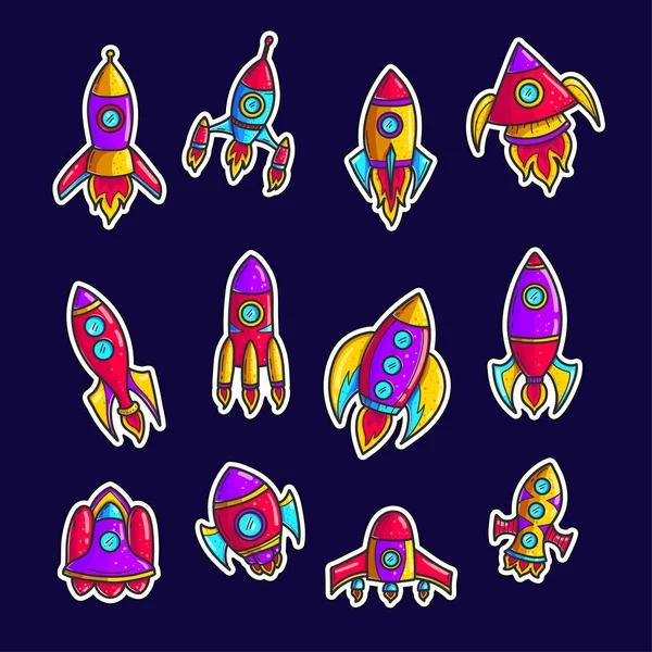 Cohetes Dibujos Animados Mano Dibujado Parches Color Conjunto Lindos Transbordadores — Vector de stock