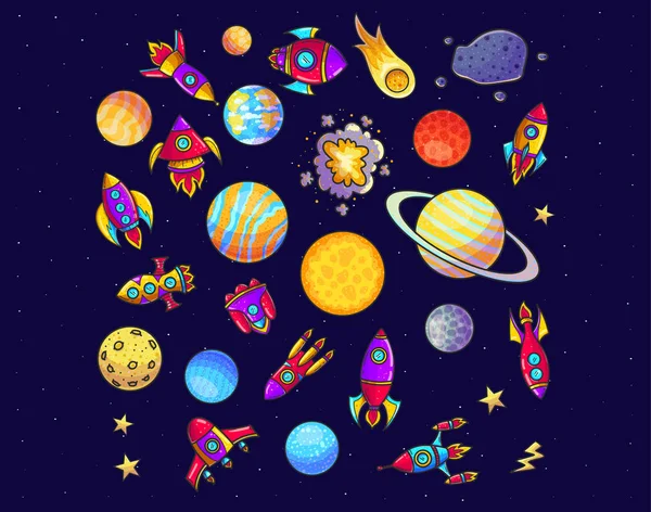 Ruimte Hand Getrokken Cartoon Vectorillustraties Instellen Doodle Planetoïde Raketten Planeten — Stockvector