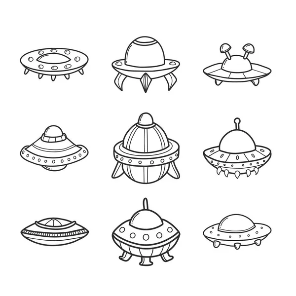 Cartoon Flying Saucers Hand Getrokken Schets Illustraties Set Leuk Ufo — Stockvector