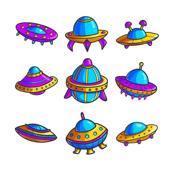 Cartoon Flying Saucers Hand Getekende Illustraties Kleurset Leuk Ufo Space — Stockvector