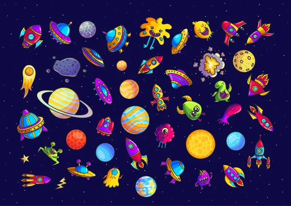 Ruimte Hand Getrokken Cartoon Vectorillustraties Instellen Doodle Ufo Monsters Planeten — Stockvector