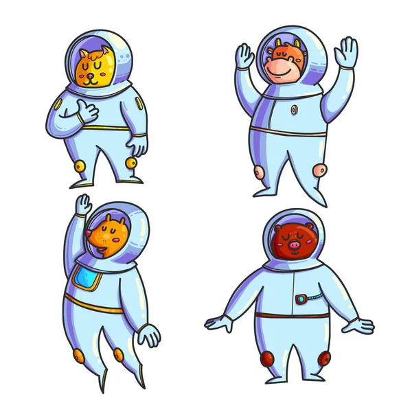 Astronautas Animales Dibujado Mano Personajes Color Conjunto Doodle Mascotas Espacio — Vector de stock