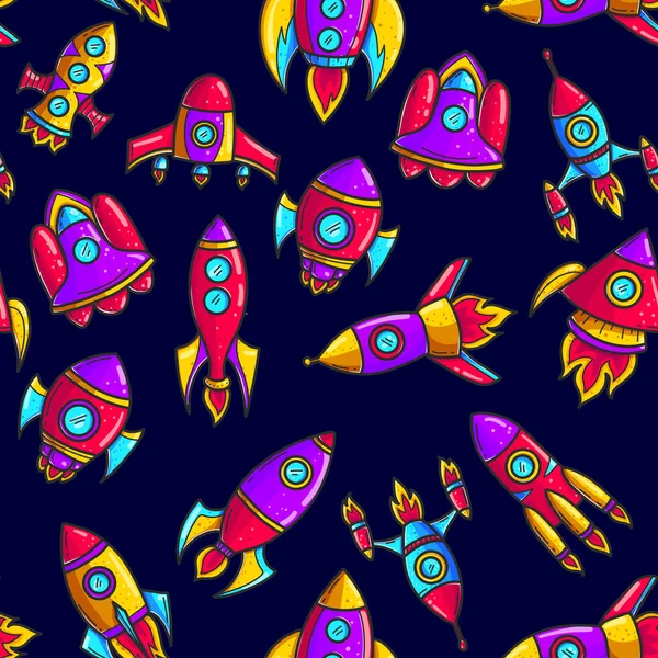 Cartoon rockets hand drawn color seamless pattern. Cute space shuttles cliparts. Doodle spaceships. Spacecraft background. Space exploration. Cosmic print. Isolated vector design elements