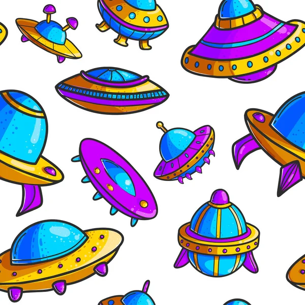 Cartoon Flying Saucers Hand Getekende Naadloze Kleurenpatroon Leuk Ufo Space — Stockvector