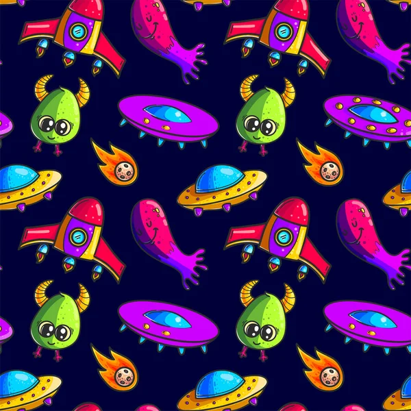 Dessin Animé Fusées Extraterrestres Dessin Main Couleur Motif Sans Couture — Image vectorielle