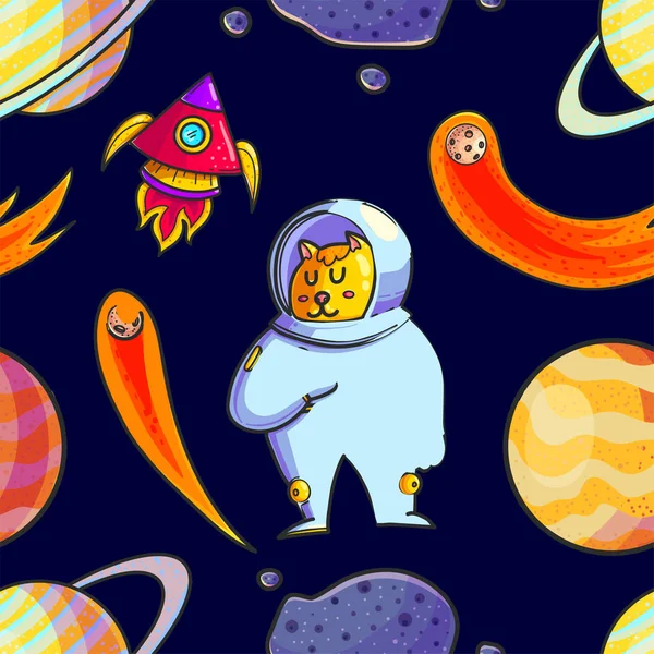 Espaço Desenhado Mão Desenho Animado Padrão Sem Costura Vetor Astronautas —  Vetores de Stock