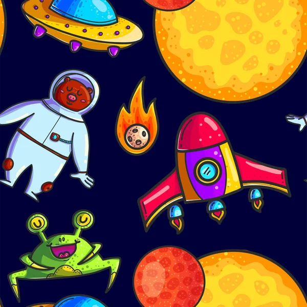 Ruimte Hand Getekend Cartoon Vector Naadloze Patroon Doodle Dierlijke Astronauten — Stockvector