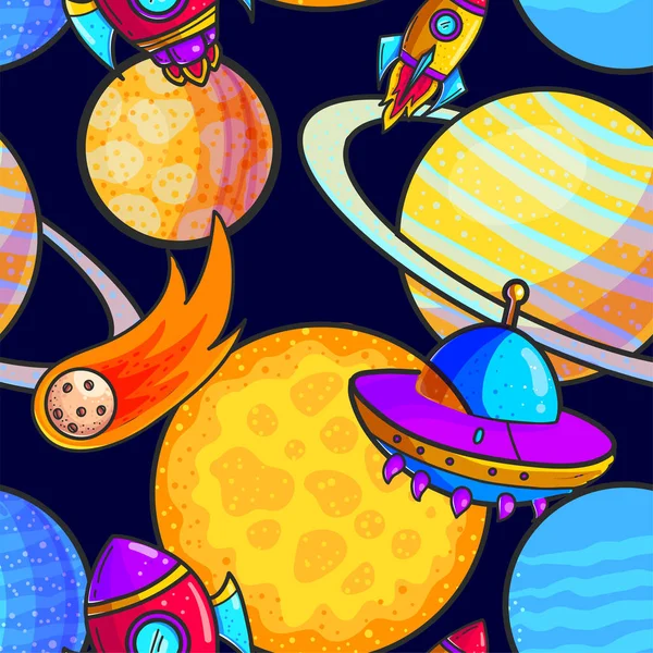 Space hand drawn cartoon vector seamless pattern. Doodle animal astronauts, ufo, planets cliparts. Cute aliens characters. Cosmic collection. Fantastic galaxy color isolated design elements