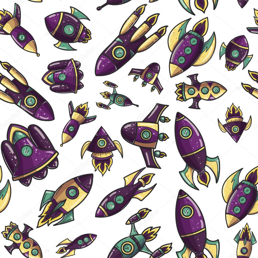 Cartoon rockets hand drawn retro seamless pattern. Cute space shuttles cliparts. Doodle spaceships. Spacecraft background. Space exploration. Cosmic print. Isolated vector design elements