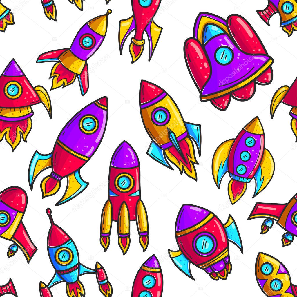 Cartoon rockets hand drawn color seamless pattern. Cute space shuttles cliparts. Doodle spaceships. Spacecraft background. Space exploration. Cosmic print. Isolated vector design elements