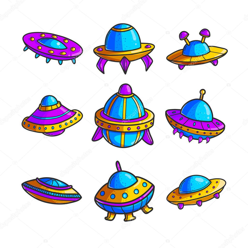 Cartoon flying saucers hand drawn color illustrations set. Cute UFO. Space shuttles cliparts. Doodle spaceships. Aliens. Spacecraft stickers. Cosmic patches collection. Isolated vector design elements
