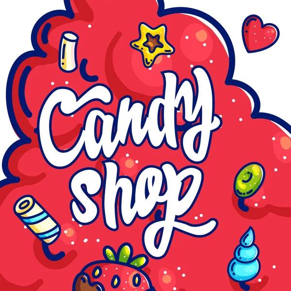 Candy loja mão desenhada desenho animado vetor ilustração — Vetor de Stock