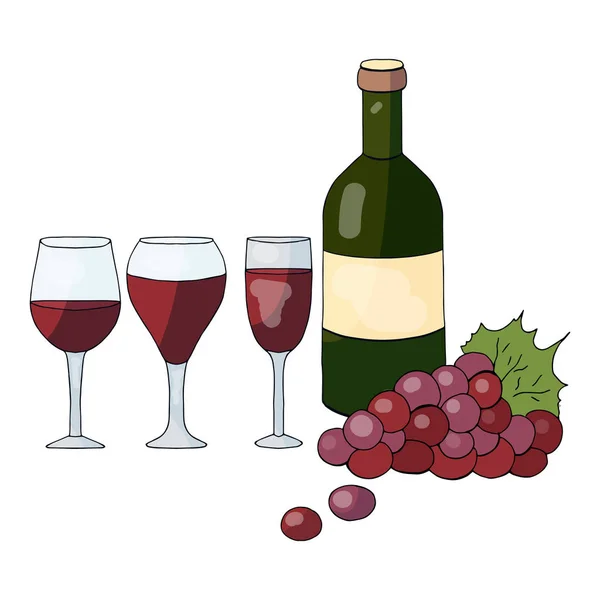 Bottle with wine, grapes and wine glasses — Stock Vector