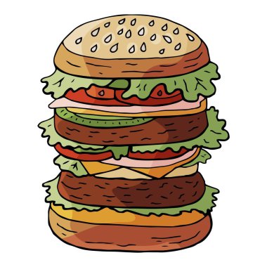 Elle çizilmiş vektör büyük hamburger beyaz arka plan üzerinde izole susam çörek üzerinde