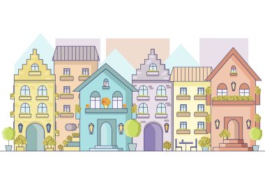 Eski Avrupa sokakta düz stil vektör cityscape. Avrupa Bina cephe üzerinde göster