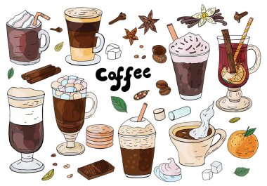Kahve beyaz zemin üzerine elle çizilmiş farklı türleri kümesi. Cafe menü için.