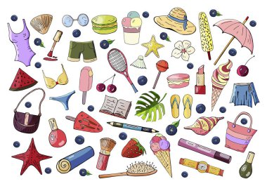 Elle çizilmiş vektör kümesi doodle beyaz arka plan üzerinde izole yaz öğeleri