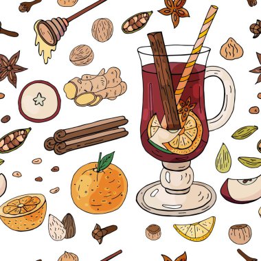 Baharat beyaz arka plan üzerinde mulled şarap, fruites ile Seamless Modeli
