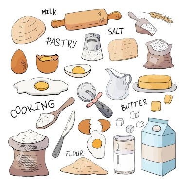 Pasta yemek için çizilmiş öğeleri beyaz arka plan üzerinde izole el kümesi. Hamur yapmak için.