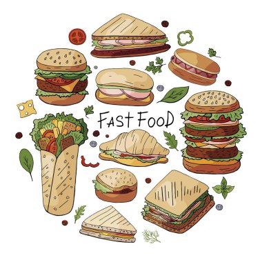 El çizimi farklı hamburger türleri, sandviçler ve sosisli sandviçler.