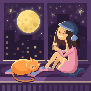 Vector character of a girl sitting on a window with a red cat and drinking coffee looking at the night city. Girl in flat style clipart