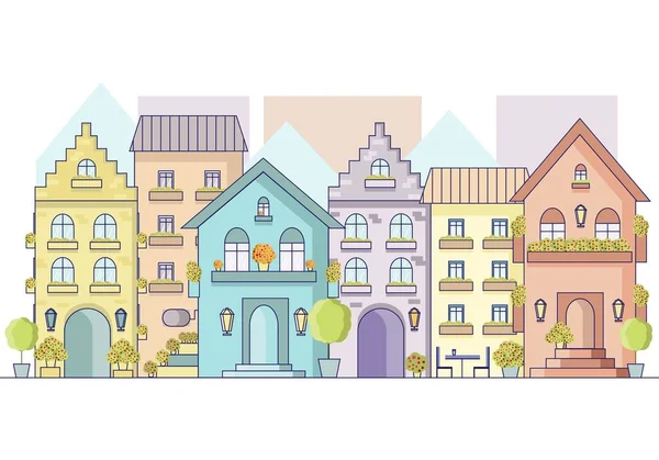 フラット スタイルの古いヨーロッパの通りのベクトルの街並み ヨーロッパの建物のファサードを表示します — ストックベクタ