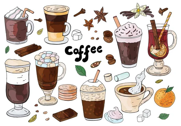 Kahve beyaz zemin üzerine elle çizilmiş farklı türleri kümesi. Cafe menü için.