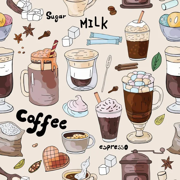 Modello Senza Cuciture Con Elementi Disegnati Mano Diversi Tipi Caffè — Vettoriale Stock