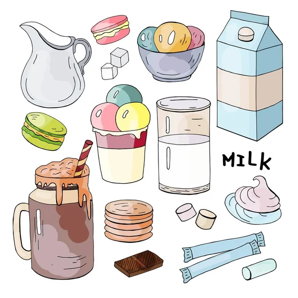 Handgezeichnete Elemente Mit Milch Eis Keksen Und Marshmallows — Stockvektor