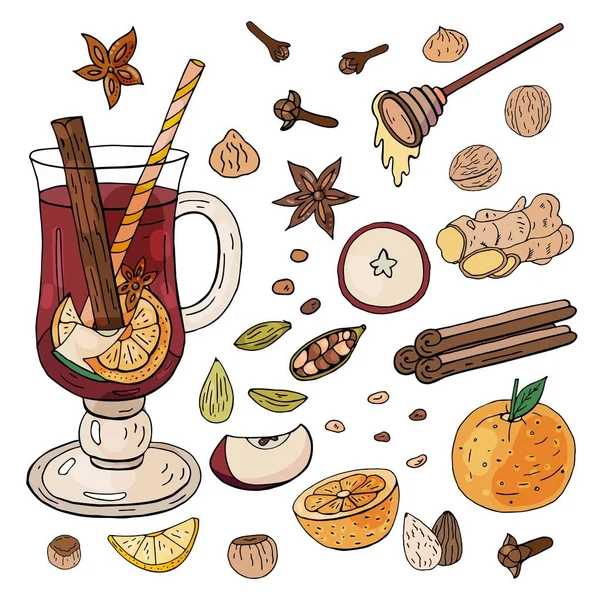 Hand Drawn Mulled Wine Ingredients Spices Mulled Wine White Background — Stock Vector