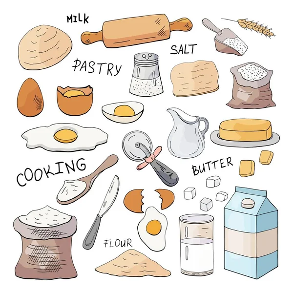 Conjunto Elementos Desenhados Mão Para Cozinhar Pastelaria Isolada Sobre Fundo —  Vetores de Stock