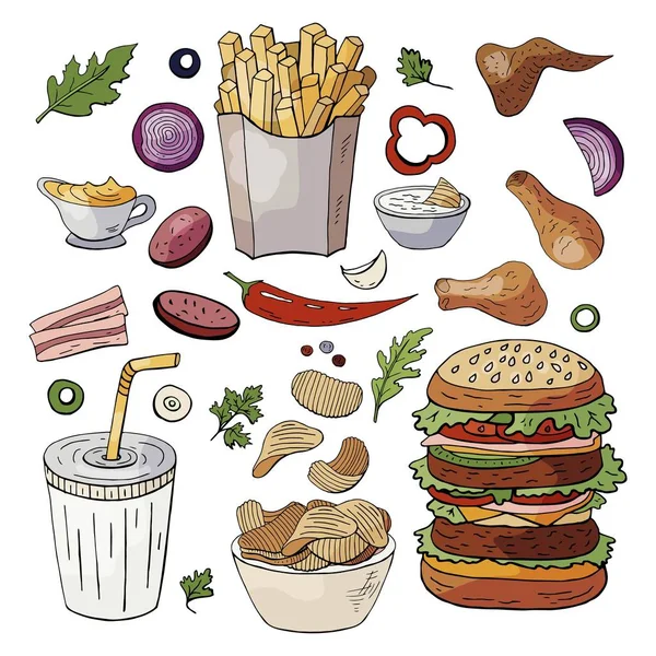 Definir Mão Desenhado Elementos Fast Food Vector Doodle Fast Food — Vetor de Stock