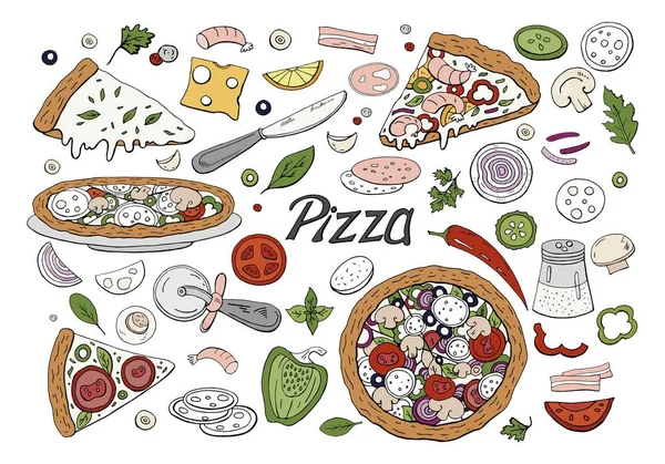 Ensemble Pizza Italienne Dessinée Main Légumes Isolés Sur Blanc Éléments — Image vectorielle