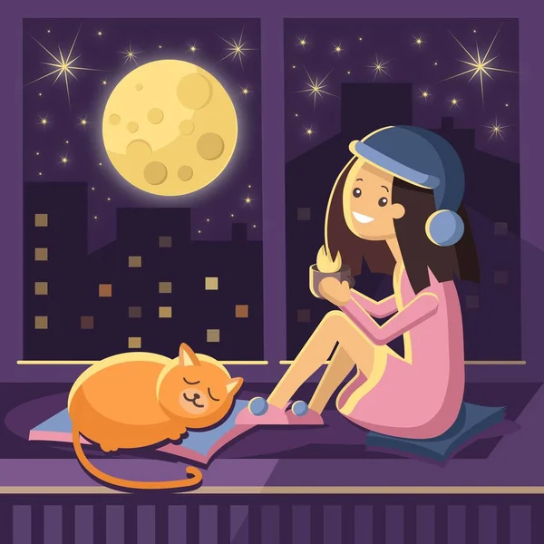 Vektör karakter kırmızı kedi ile a pencere üzerinde oturan ve içme kahve gece city adlı arıyorsunuz bir kız. Düz stil kız