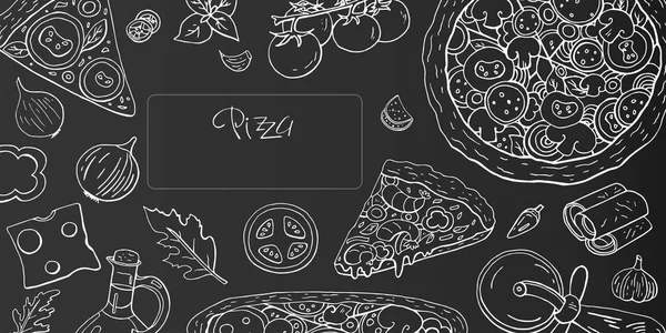 Vintage yatay pizza afiş siyah arka plan üzerine. Vektör doodle pizza menü