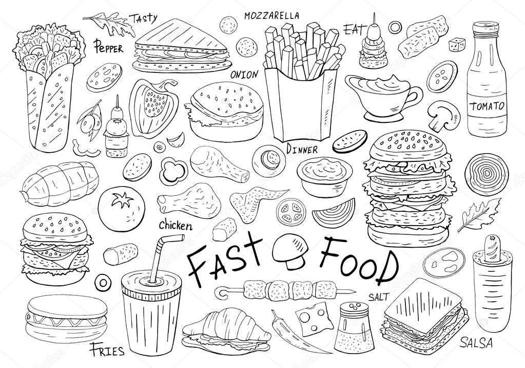 Big set  vector fast food elements on white background. Black and white elements