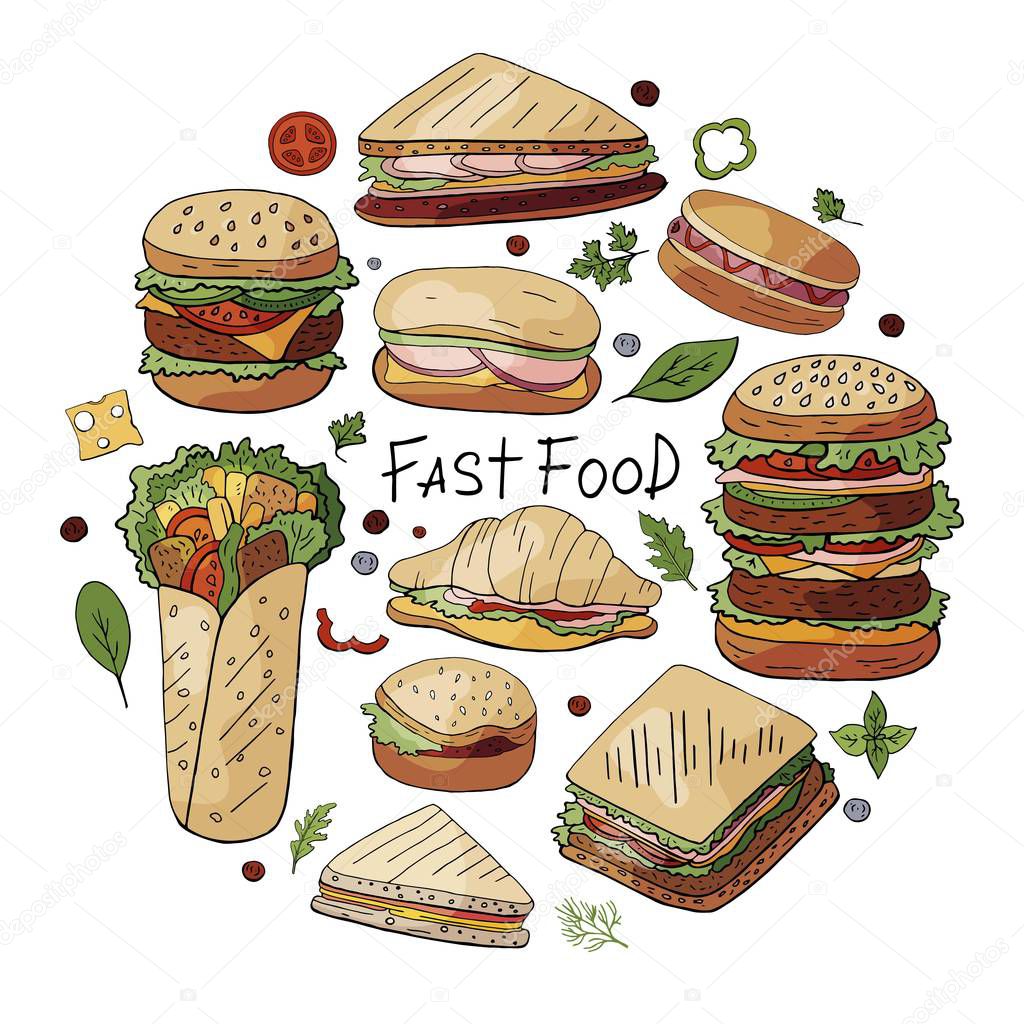 Hand drawn vector set of different types of burgers, sandwiches and hot dogs isolated on white backgriond