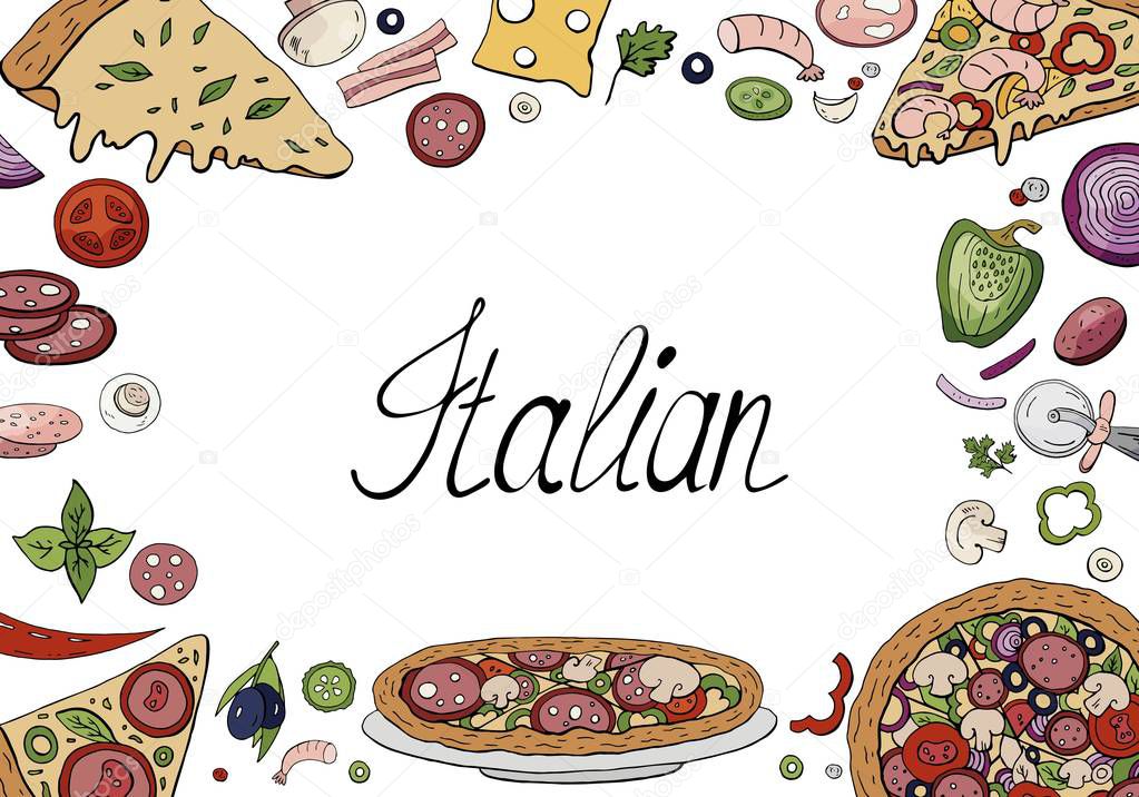 Hand drawn doodle background with italian food elements and with space for your text. Vector cartoon background on the white background