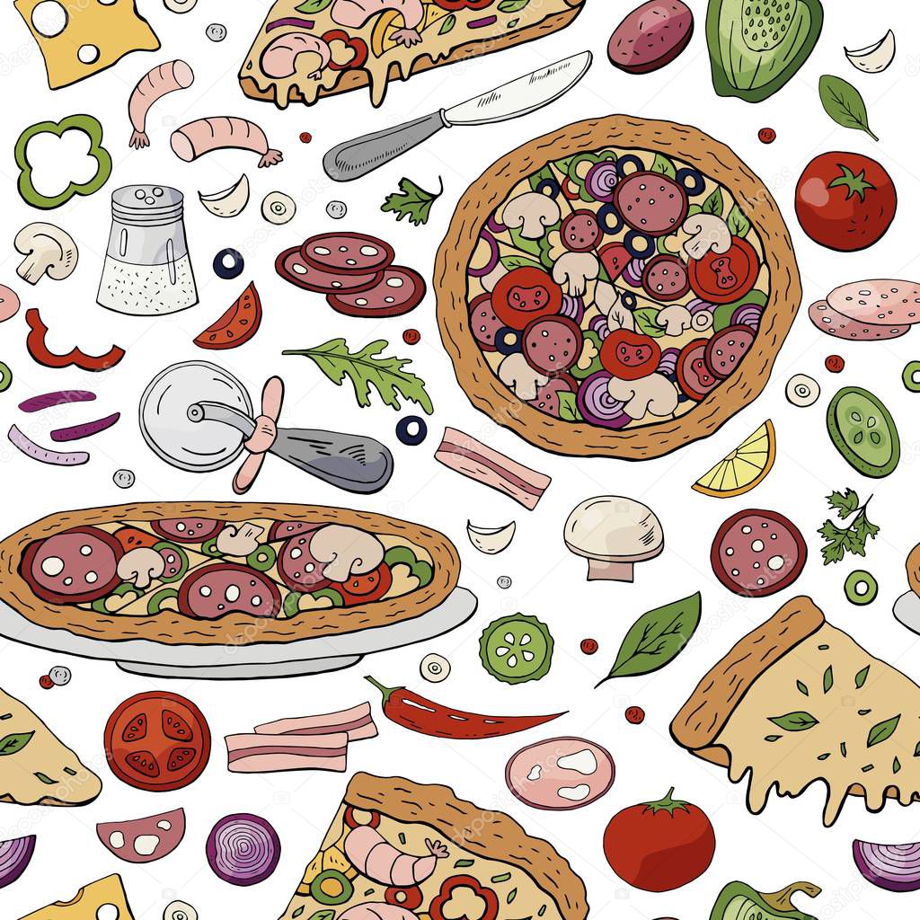 Seamless hand drawn bright pattern with different italian pizza and vegetables on the white background. Vector pizza pattern