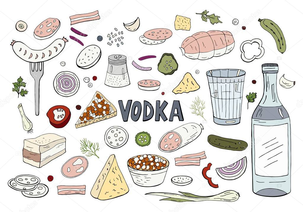 Set of hand drawn russian vodka and different food isolated on white background. Vector Russian vodka 