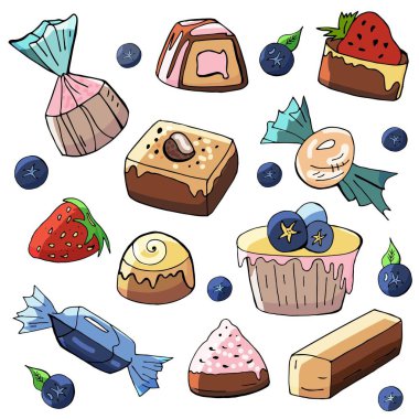 Çizilmiş tatlılar ve pastalar beyaz zemin üzerinde bir dizi