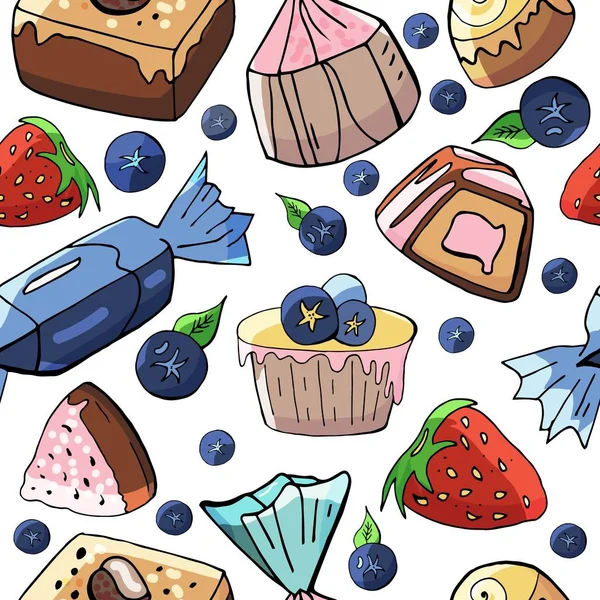Tatlılar ve pastalar beyaz zemin üzerine Dikişsiz desen