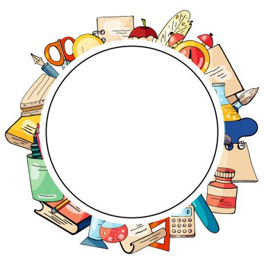 Elle çizilmiş Kırtasiye mavi arka plan üzerinde metin alanı olan bir daire içinde bir dizi