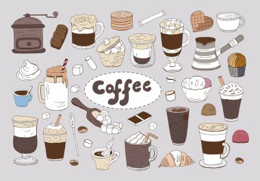 Kahve ışık arka plan üzerinde elle çizilmiş farklı türleri kümesi. Cafe menü için.