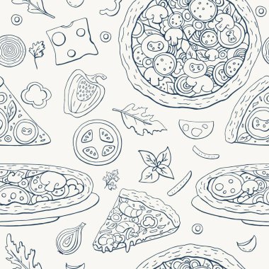 Pizza ve açık renkli sebze ile Seamless modeli. İtalyan gıda ile vektör desen